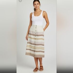 Rachel Zoe Neutral Striped Asymmetrical Button Linen Midi Skirt Sz M